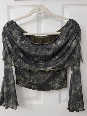 Verdusa Olive Green Mesh Off Shoulder Ruffle Top - Small